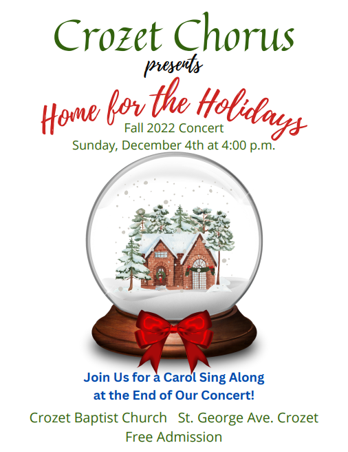Crozet Chorus Home for the Holidays Flyer, includes snow globe with cozy brick house surrounded by snow-covered pine trees